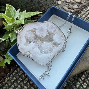 New! Pear Simar Drusy Quartz Silver Toned Steel Necklace
